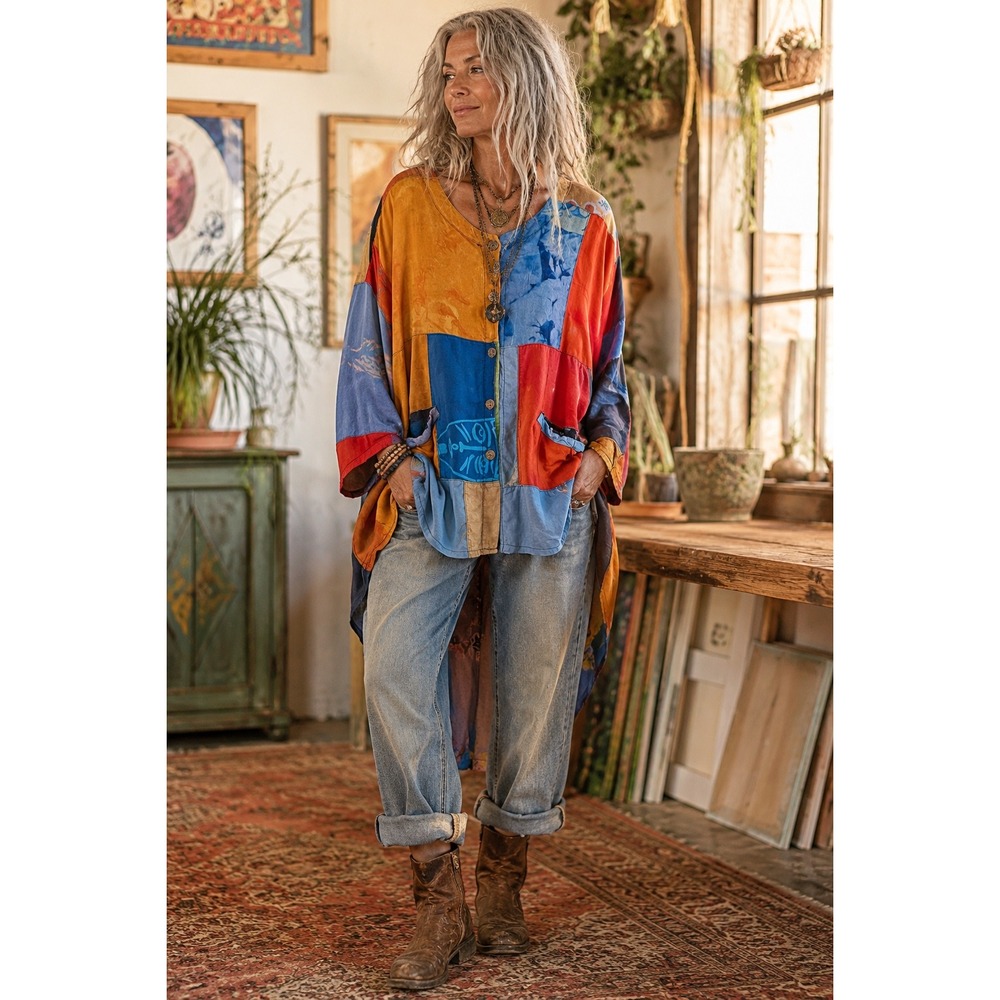 Boho Patchwork Tunic Top Artsy SM Multi Color High Lo Button Up Dolman Sleeve